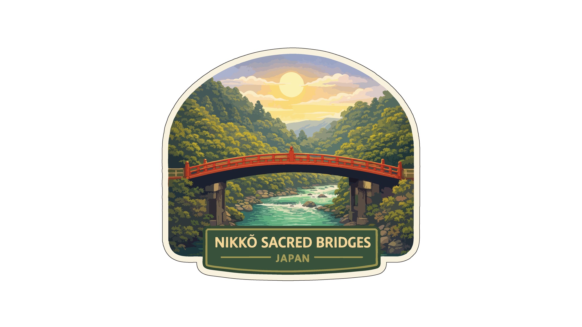 A sticker or label depicting the Nikko Sacred Bridges in Japan, with a scenic landscape featuring a red bridge spanning a river and lush greenery surrounding it.