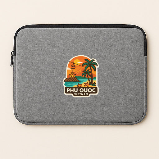 A gray laptop sleeve with a graphic design depicting a tropical beach scene with palm trees, a sunset, and a helicopter.