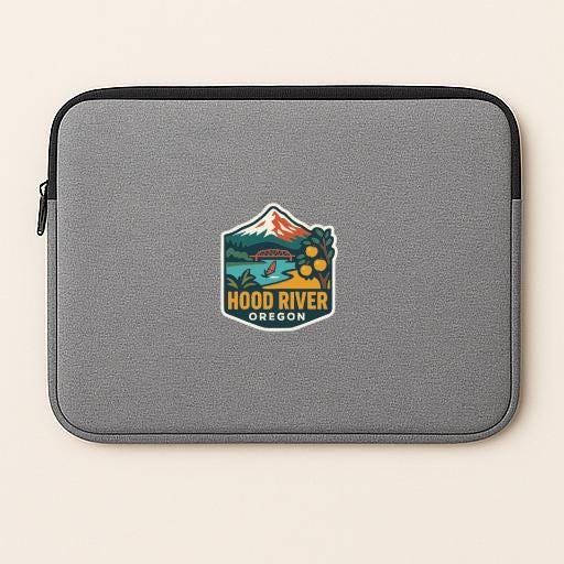 A gray laptop sleeve with a logo depicting Hood River, Oregon, printed on it.