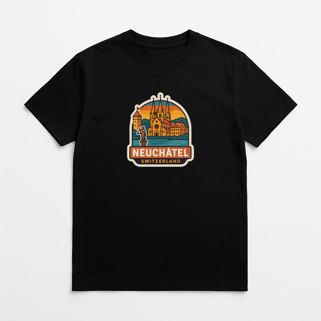 A black t-shirt with a graphic design depicting a cityscape and the text "NEUCHATEL SWITZERLAND" printed on it.