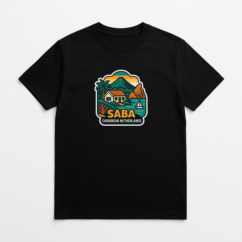 A black t-shirt with a graphic design depicting a tropical island scene, including a house, palm trees, and a boat.