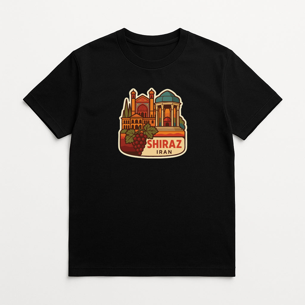 A black t-shirt with a graphic design depicting a city skyline and a cluster of grapes, along with the text "SHIRAZ IRAN".