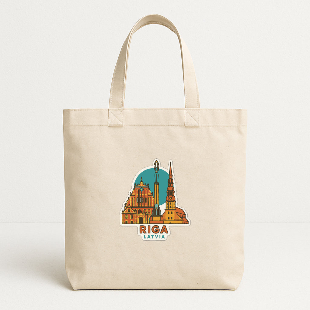 A beige tote bag with a printed design of the Riga, Latvia skyline.