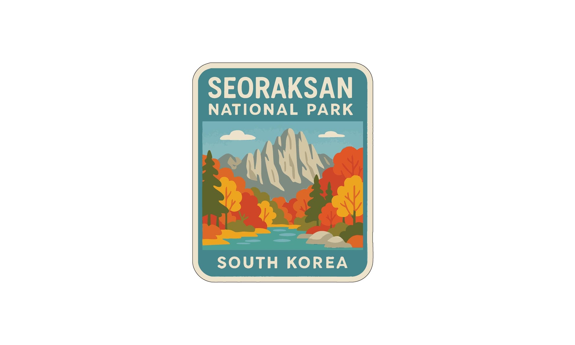 a colorful illustration of a scenic landscape with mountains, trees, and a river, representing the Seoraksan National Park in South Korea.