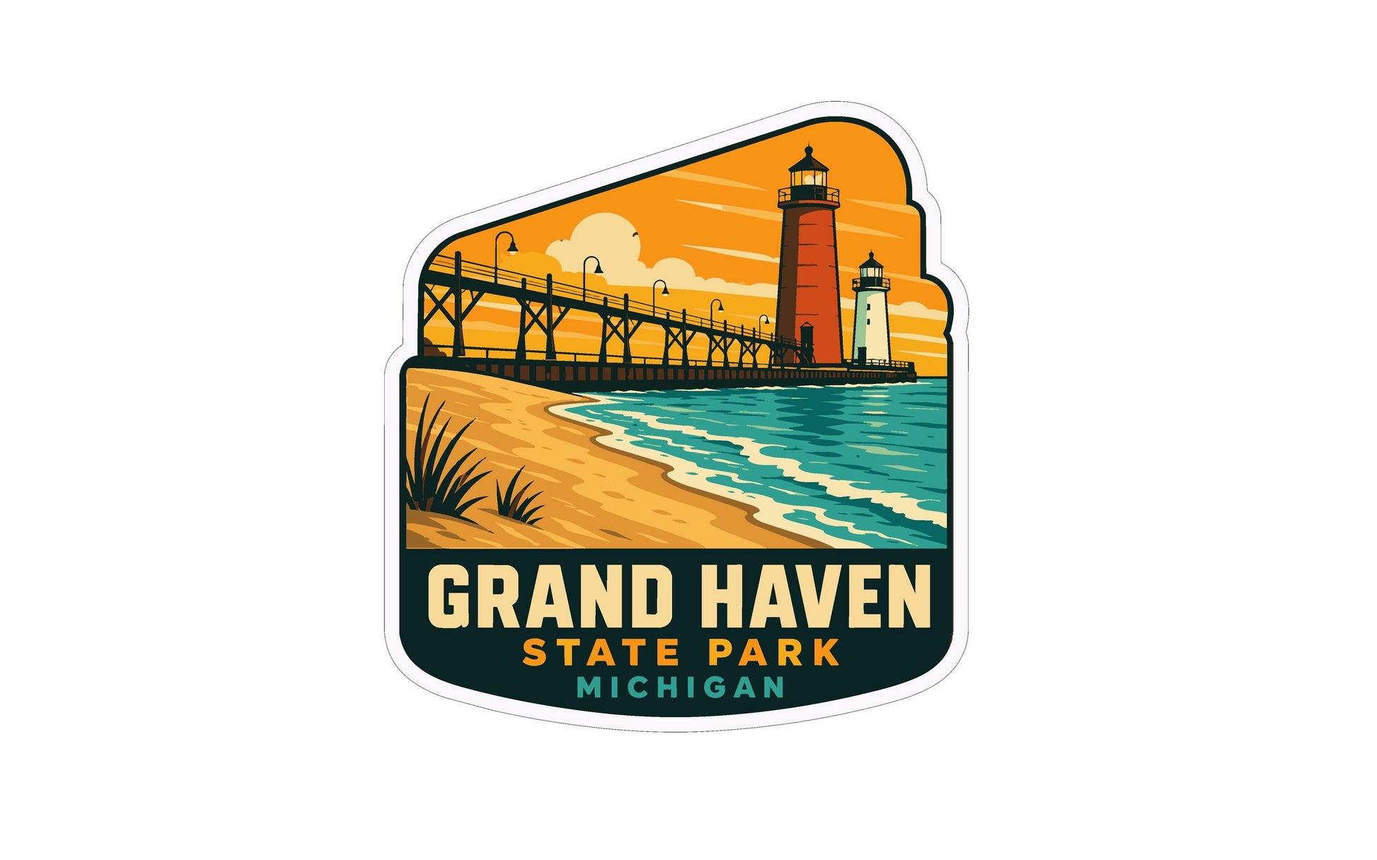 A sticker depicting a lighthouse and a pier with a beach and ocean in the background, with the text "GRAND HAVEN STATE PARK MICHIGAN" prominently displayed.