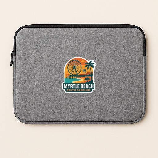A gray laptop sleeve with a graphic design depicting a beach scene, including a ferris wheel and palm trees.