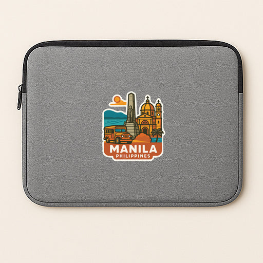 A gray laptop sleeve with a graphic design depicting the skyline of Manila, Philippines.
