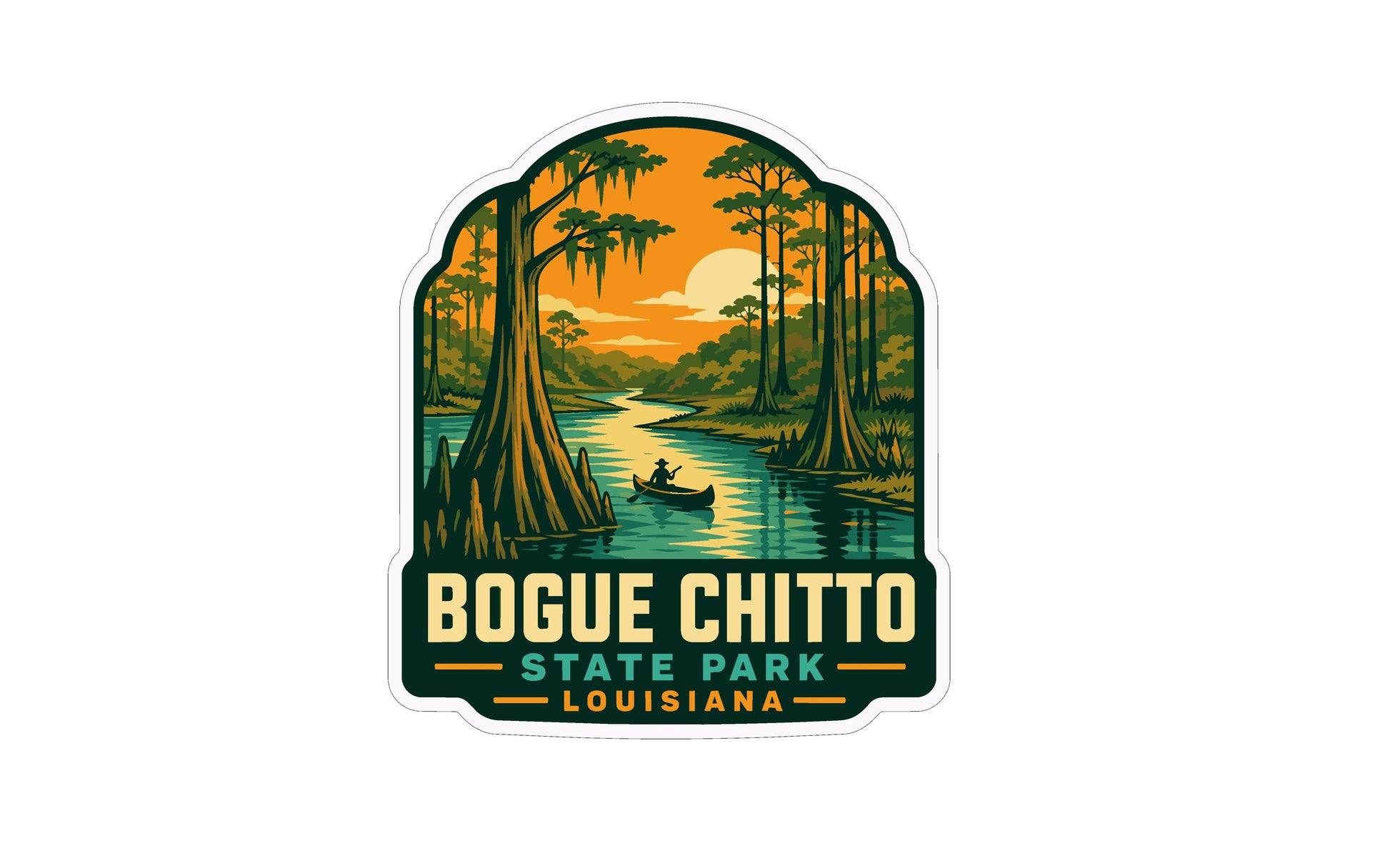 A sticker or emblem featuring a scenic landscape with a river, trees, and a boat, along with the text "BOGUE CHITTO STATE PARK LOUISIANA".