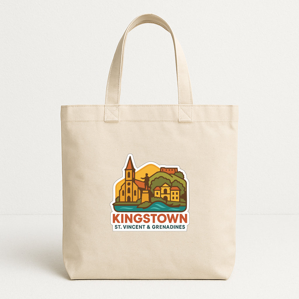 A beige tote bag with a printed design depicting a town or village, along with the text "KINGSTOWN St. Vincent & Grenadines".