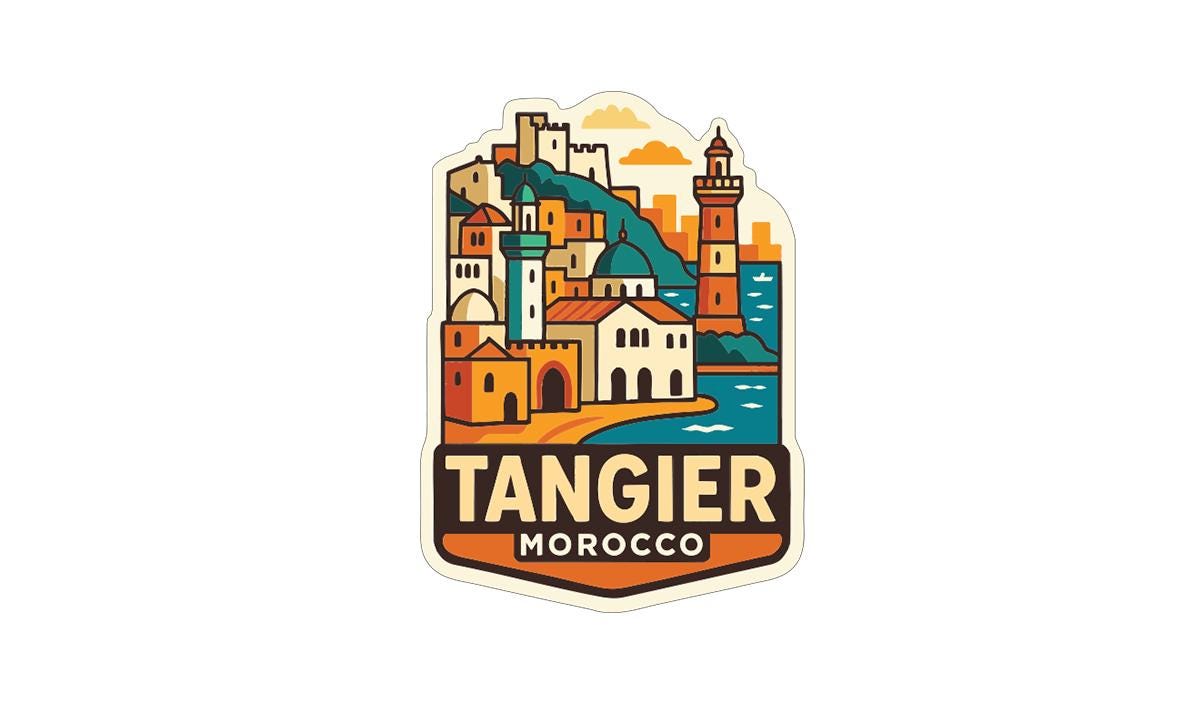a colorful illustration of a cityscape with buildings, a lighthouse, and a body of water, representing the city of Tangier, Morocco.