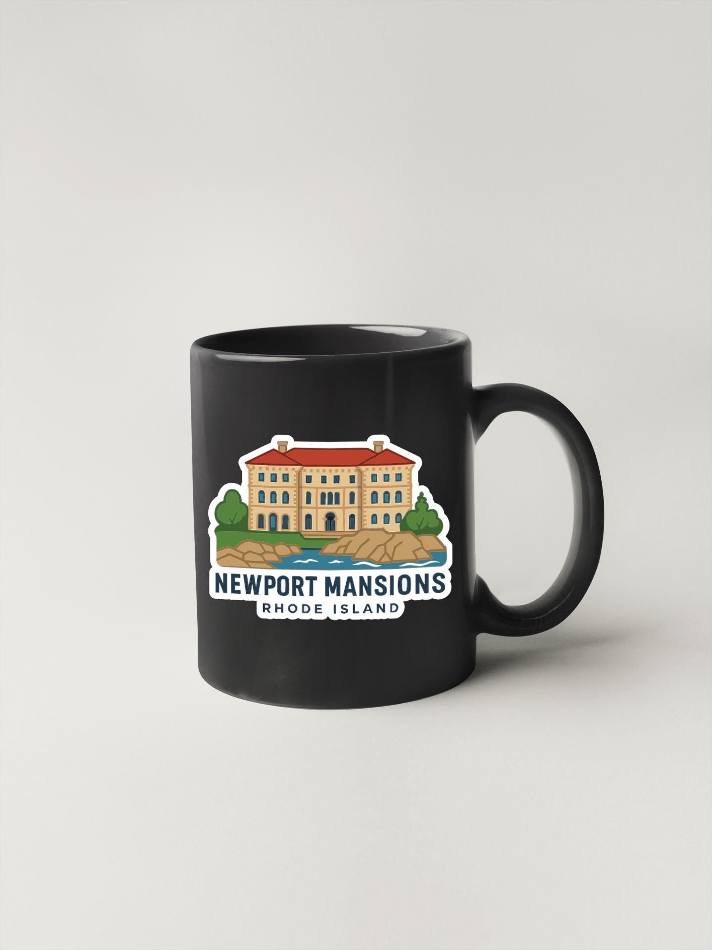 A black coffee mug with a graphic of Newport Mansions, a historic mansion located in Rhode Island.