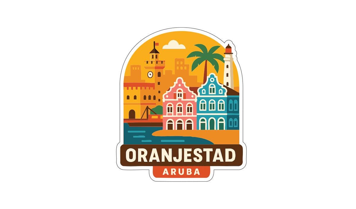 a colorful illustration of the city of Oranjestad, Aruba, with various buildings, a clock tower, and a palm tree.