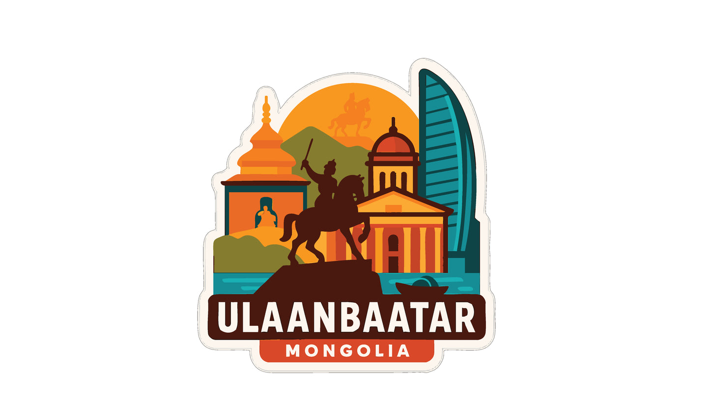 a sticker or logo depicting a cityscape with a statue, buildings, and a prominent building with a dome. The text "ULAANBAATAR MONGOLIA" is prominently displayed, indicating the location or theme of the image.