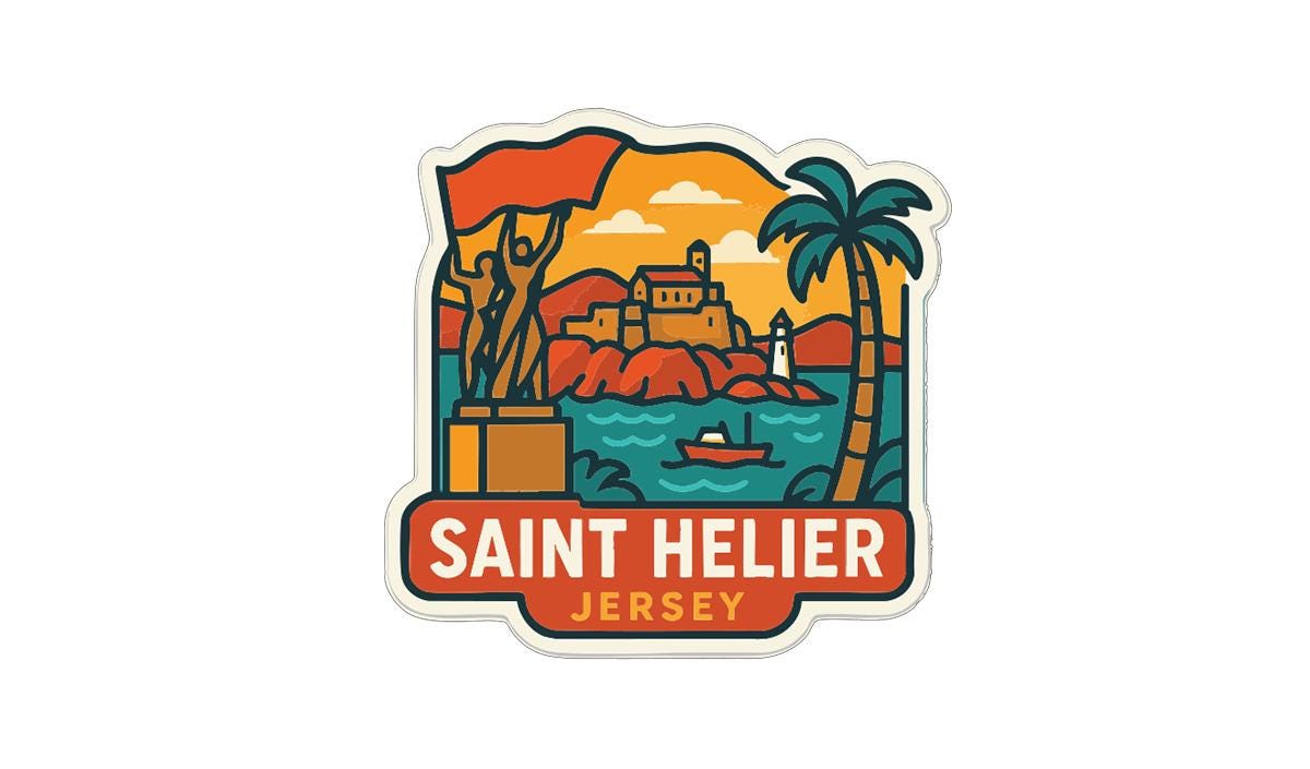 A sticker depicting a tropical island with a lighthouse, palm trees, and a small boat in the water. The island has a castle-like structure, and the sky is filled with clouds. The text "SAINT HELIER JERSEY" is prominently displayed.