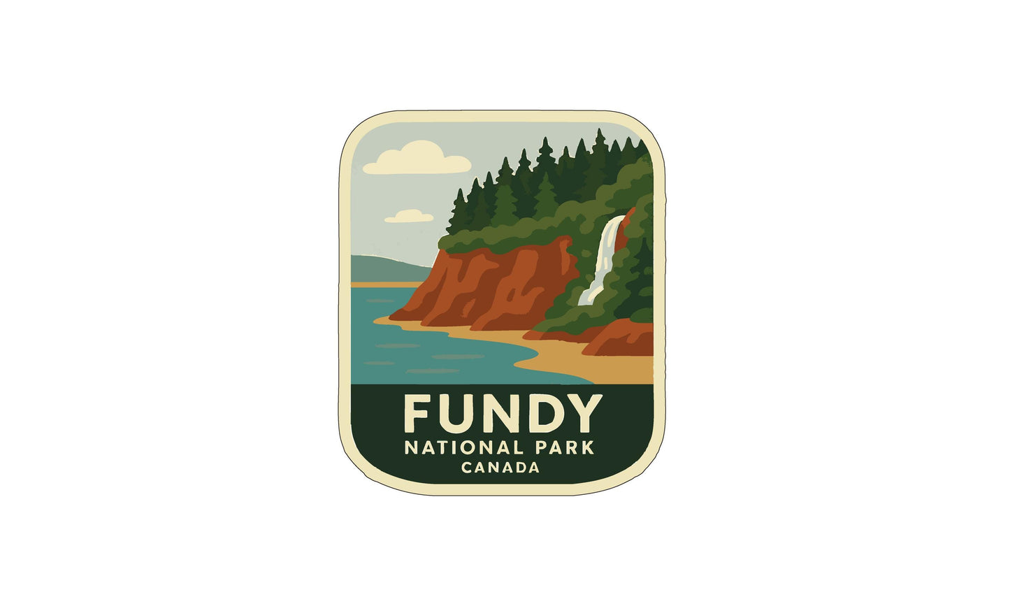a sticker or emblem for Fendy National Park, Canada. It depicts a scenic landscape with a waterfall, trees, and a body of water, likely representing the natural beauty of the park.