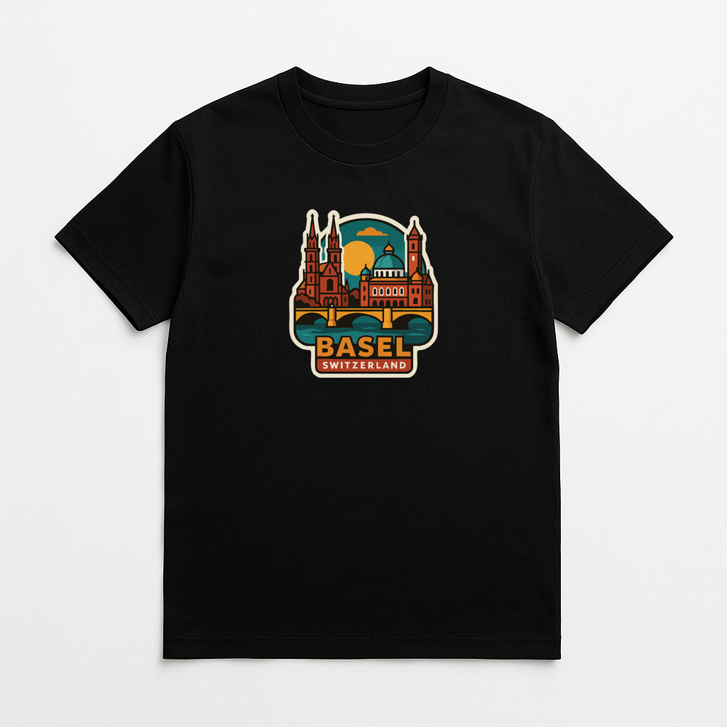 A black t-shirt with a graphic design depicting a cityscape and the text "BASEL SWITZERLAND" printed on it.