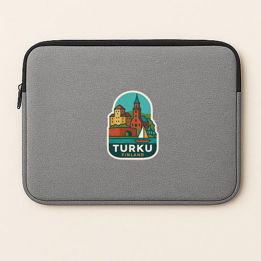 A gray laptop sleeve with a colorful sticker depicting a cityscape and a sailboat.