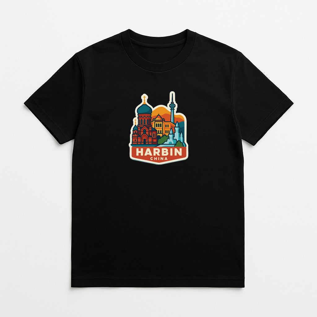 A black t-shirt with a colorful graphic design depicting the Harbin skyline, which includes domes, towers, and other architectural elements.