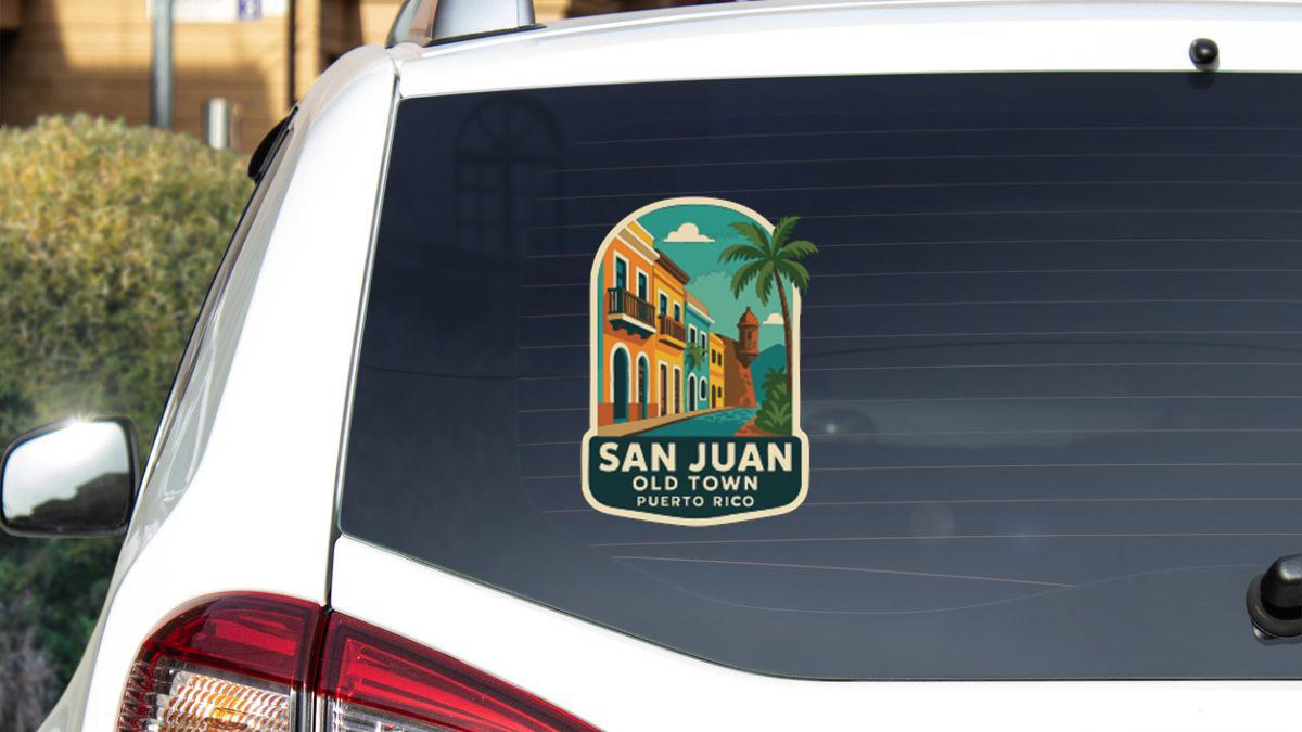 a sticker on the rear window of a car that says "SAN JUAN OLD TOWN PUERTO RICO".