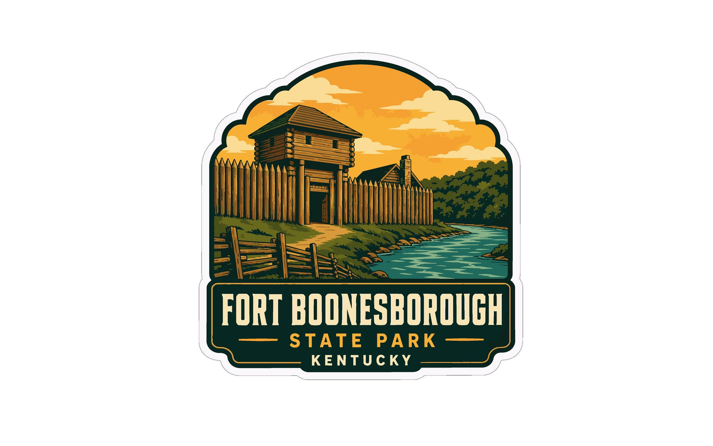 a sticker or emblem with a wooden fort or castle, a river, and a fence, all set against a backdrop of a cloudy sky.