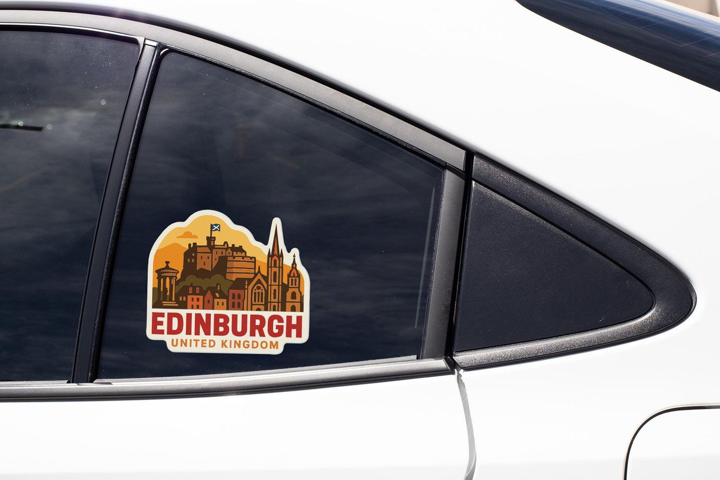 A sticker on the side of a car window, depicting the city of Edinburgh, United Kingdom.