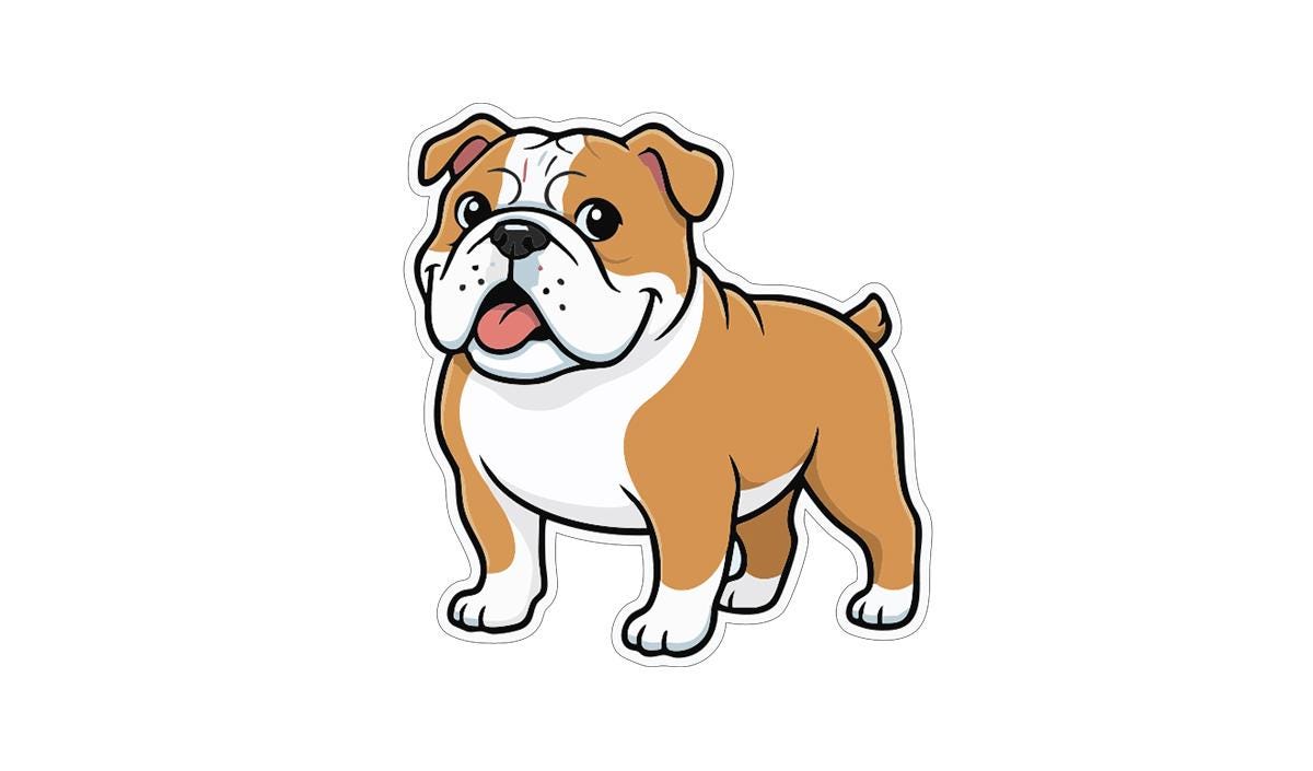 A cartoon illustration of a brown and white bulldog with a friendly expression.