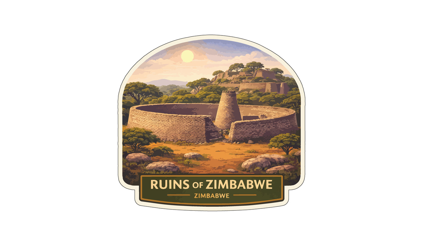 a circular stone structure surrounded by trees and mountains, with a bright sun in the sky.