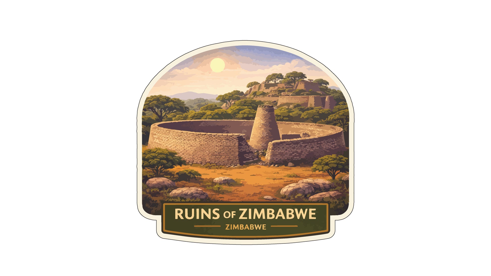 a circular stone structure surrounded by trees and mountains, with a bright sun in the sky.
