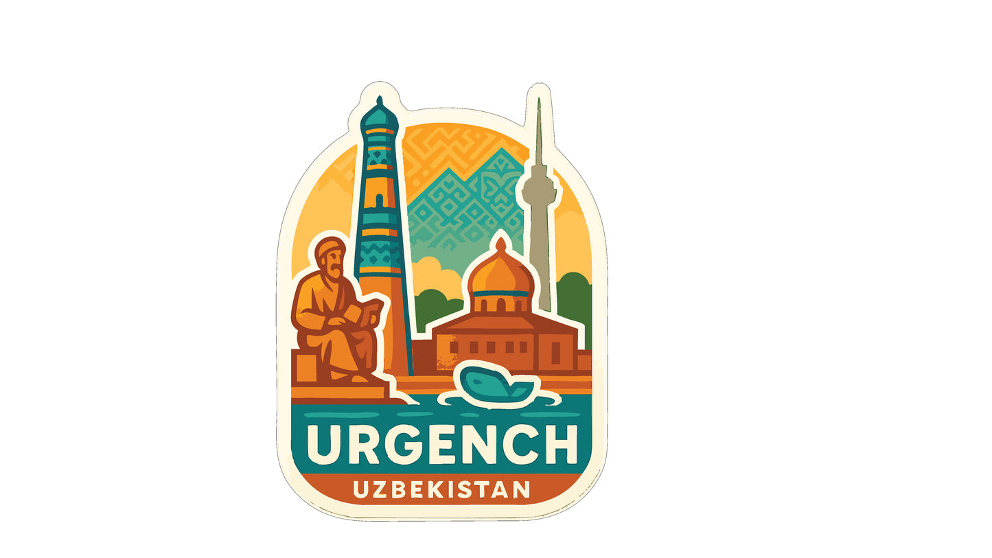 The image is a sticker or label featuring the city of Urgench, Uzbekistan. It includes a statue, a tower, and a mosque, all set against a colorful background.