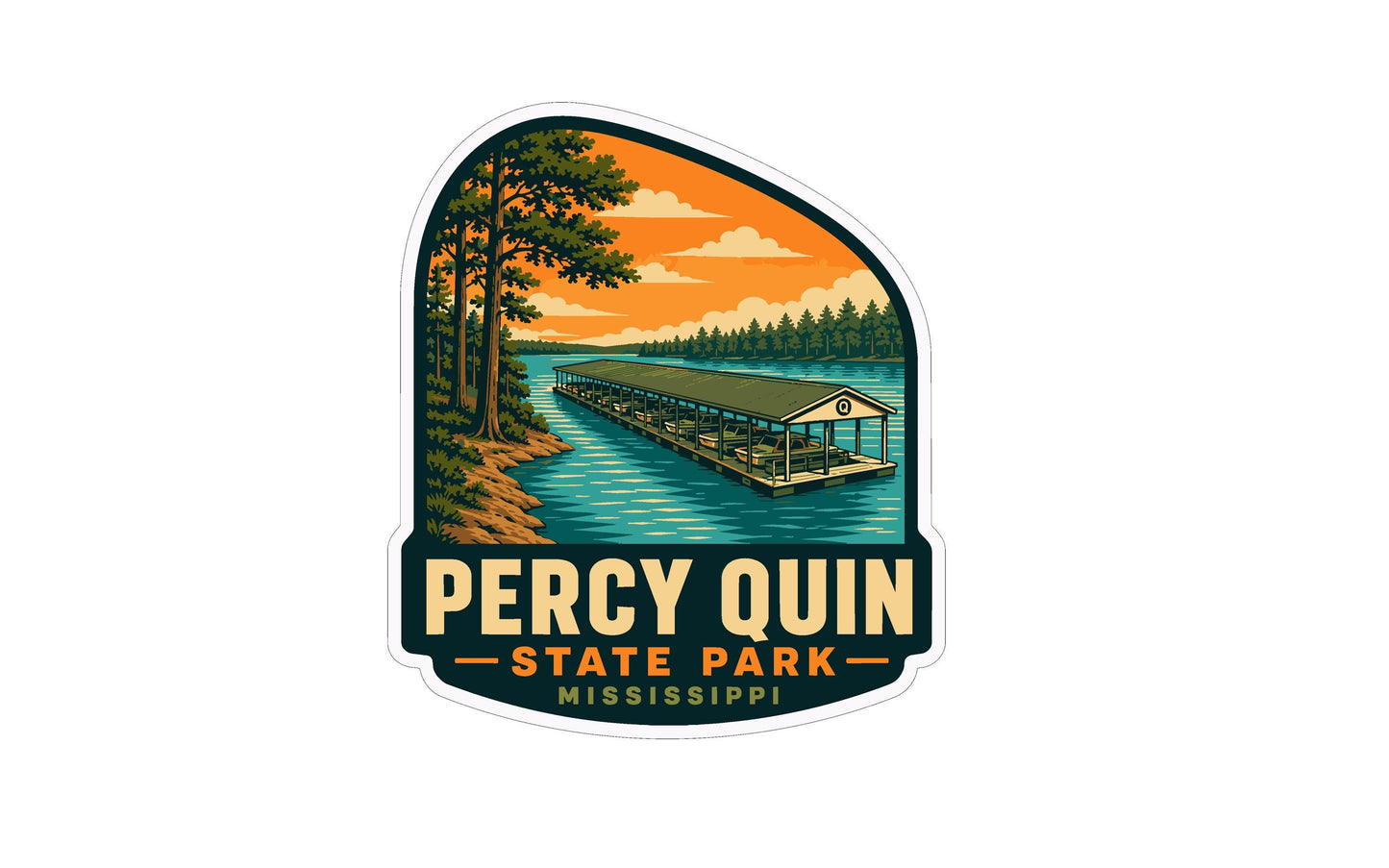A sticker or logo depicting a scenic view of a lake with a dock and a building, surrounded by trees and a sunset sky.
