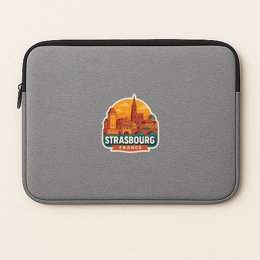 A gray laptop sleeve with a sticker of the city of Strasbourg, France, printed on it.