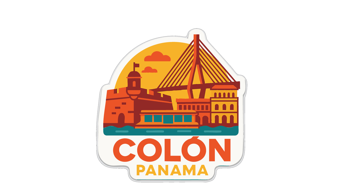 a sticker or emblem with a colorful illustration of a city skyline, including a bridge, buildings, and a sunset. The text "COLON PANAMA" is prominently displayed, indicating the location of the city.
