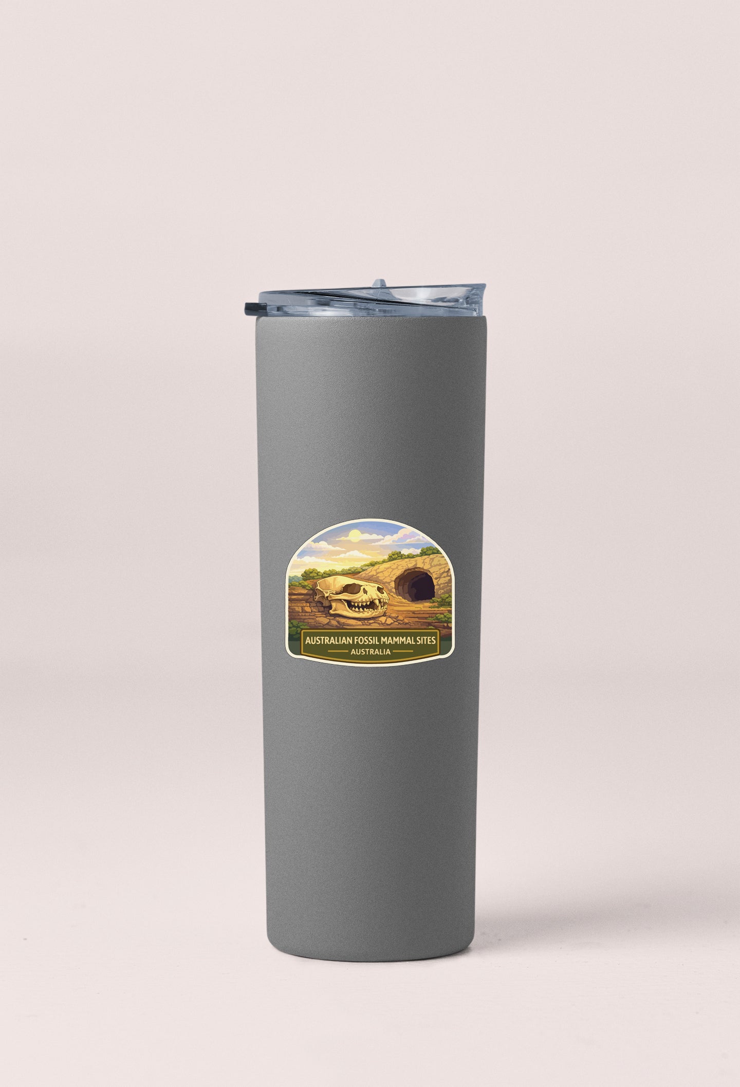 A gray cylindrical container with a label that reads "AUSTRALIAN FOSSIL MANUAL STATION AUSTRALIA".