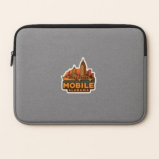 a gray laptop sleeve with a logo of Mobile Alabama on it.