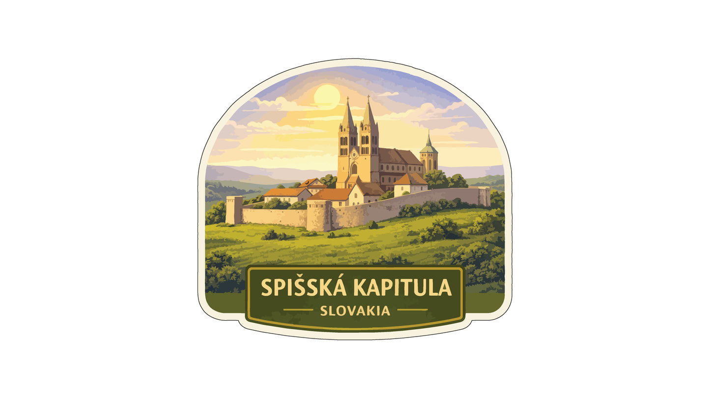 a castle on a hill with a castle tower, set against a backdrop of a blue sky with clouds and a sun. The text below the image reads "SPISSKÁ KAPITULA SLOVAKIA".