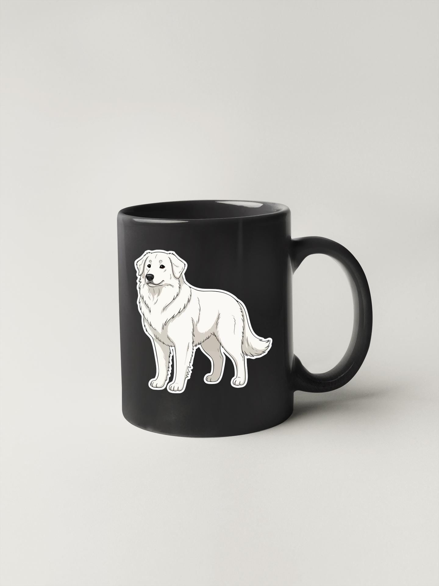 A black coffee mug with a white illustration of a dog on it.