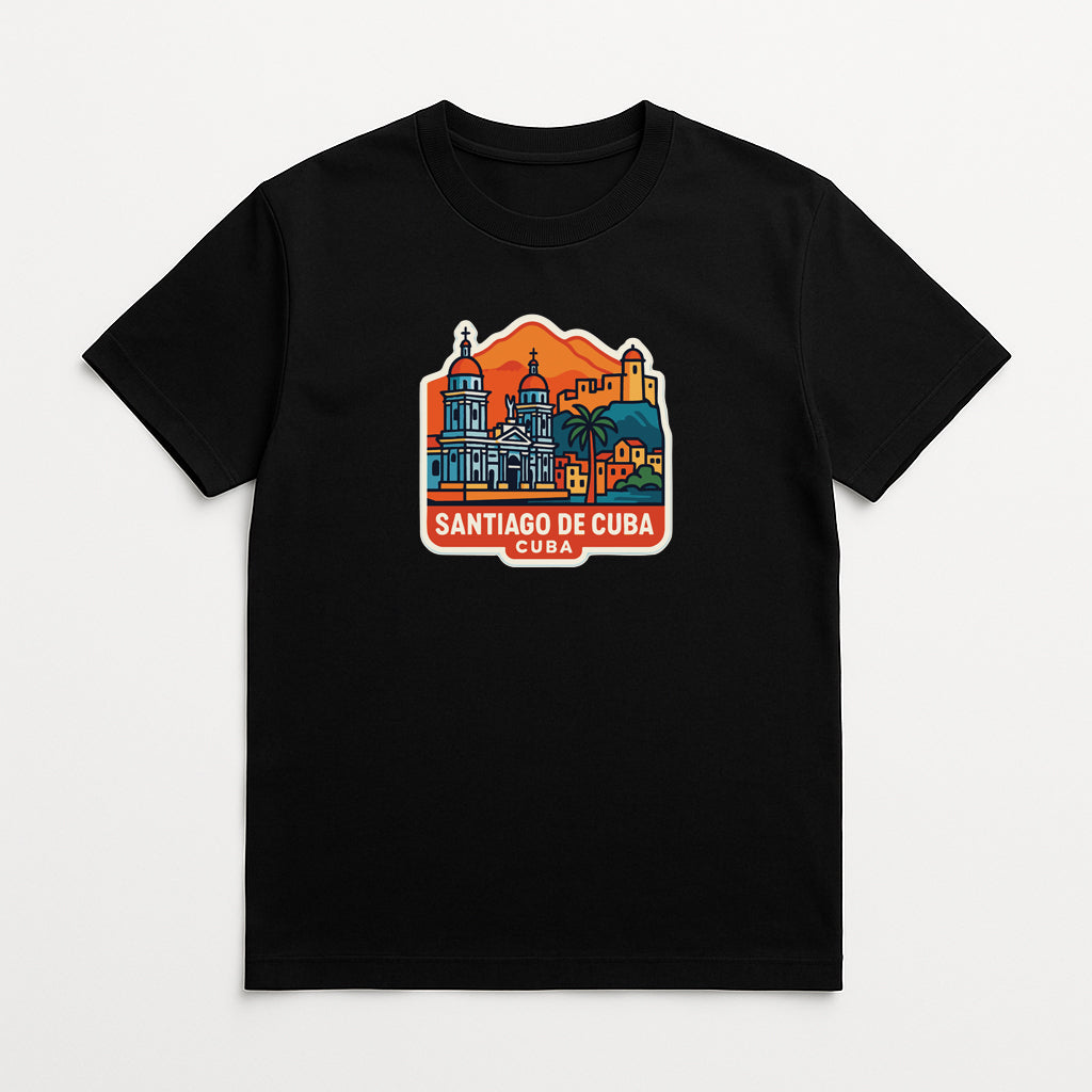A black t-shirt with a graphic design depicting the skyline of Santiago de Cuba.