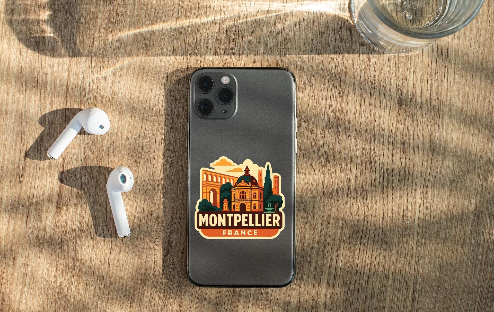 a smartphone with a sticker of Montpellier, France, placed on a wooden surface alongside a pair of white earbuds and a glass of water.