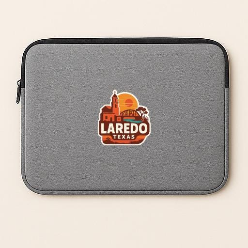 A gray laptop sleeve with a logo for Laredo, Texas.