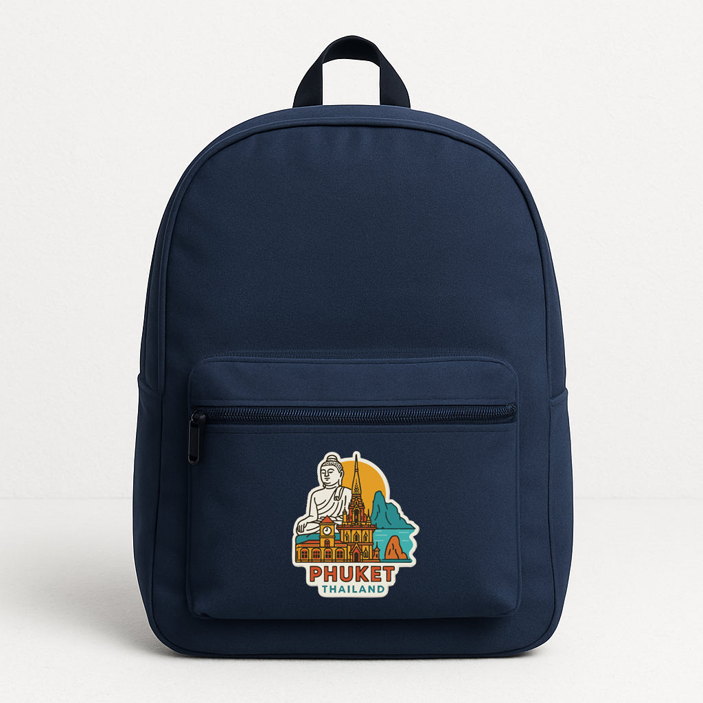 A navy blue backpack with a graphic of Buddha and the text "PHUKET THAILAND" printed on it.
