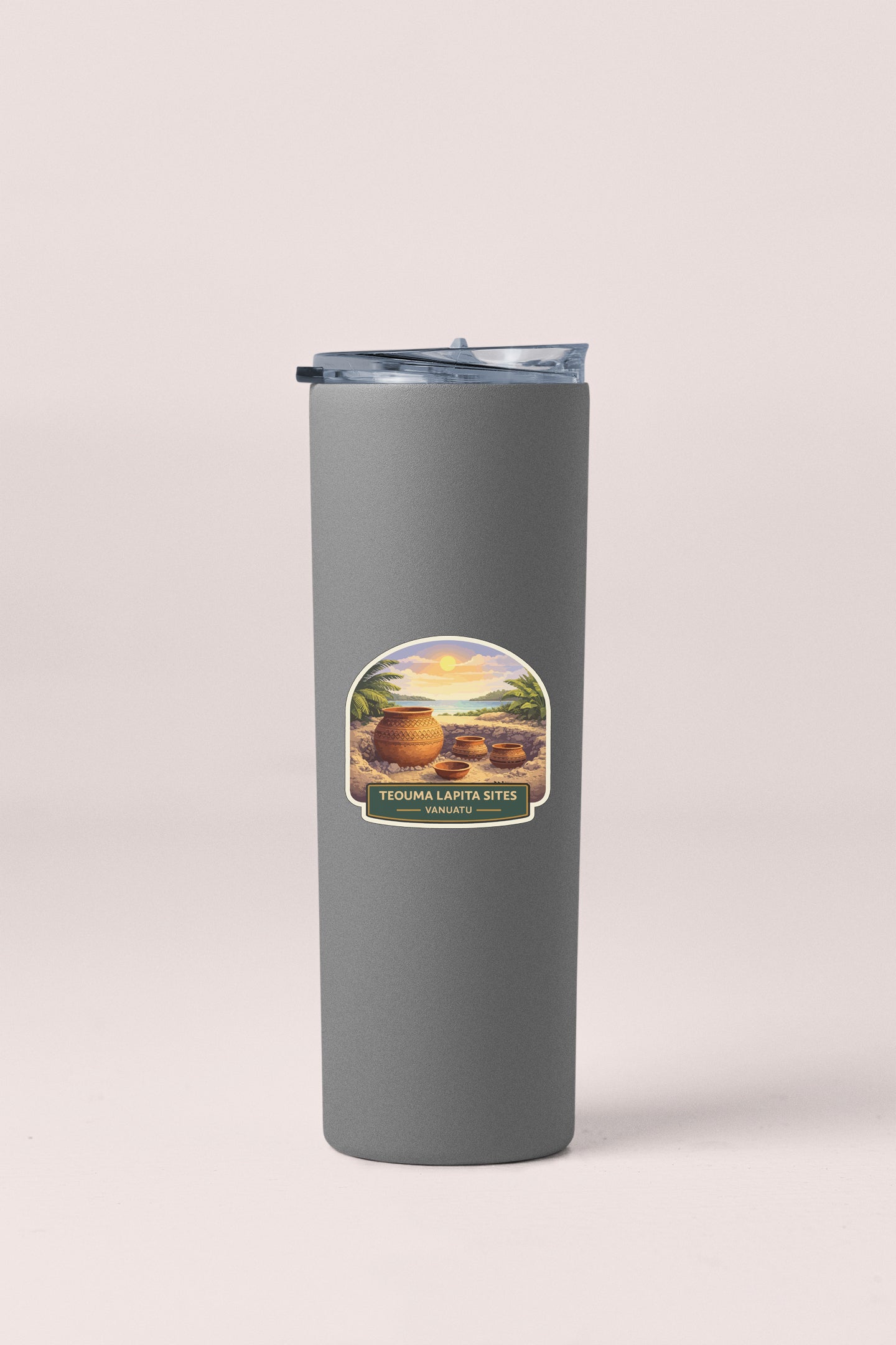 A gray insulated tumbler with a label that says "Tequila LATA TIPS VANILLA" and features an illustration of a desert landscape with a barrel in the background.