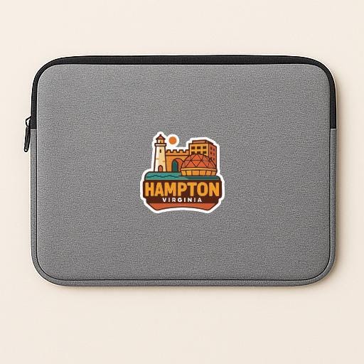 A gray laptop sleeve with a sticker of Hampton, Virginia, printed on it.