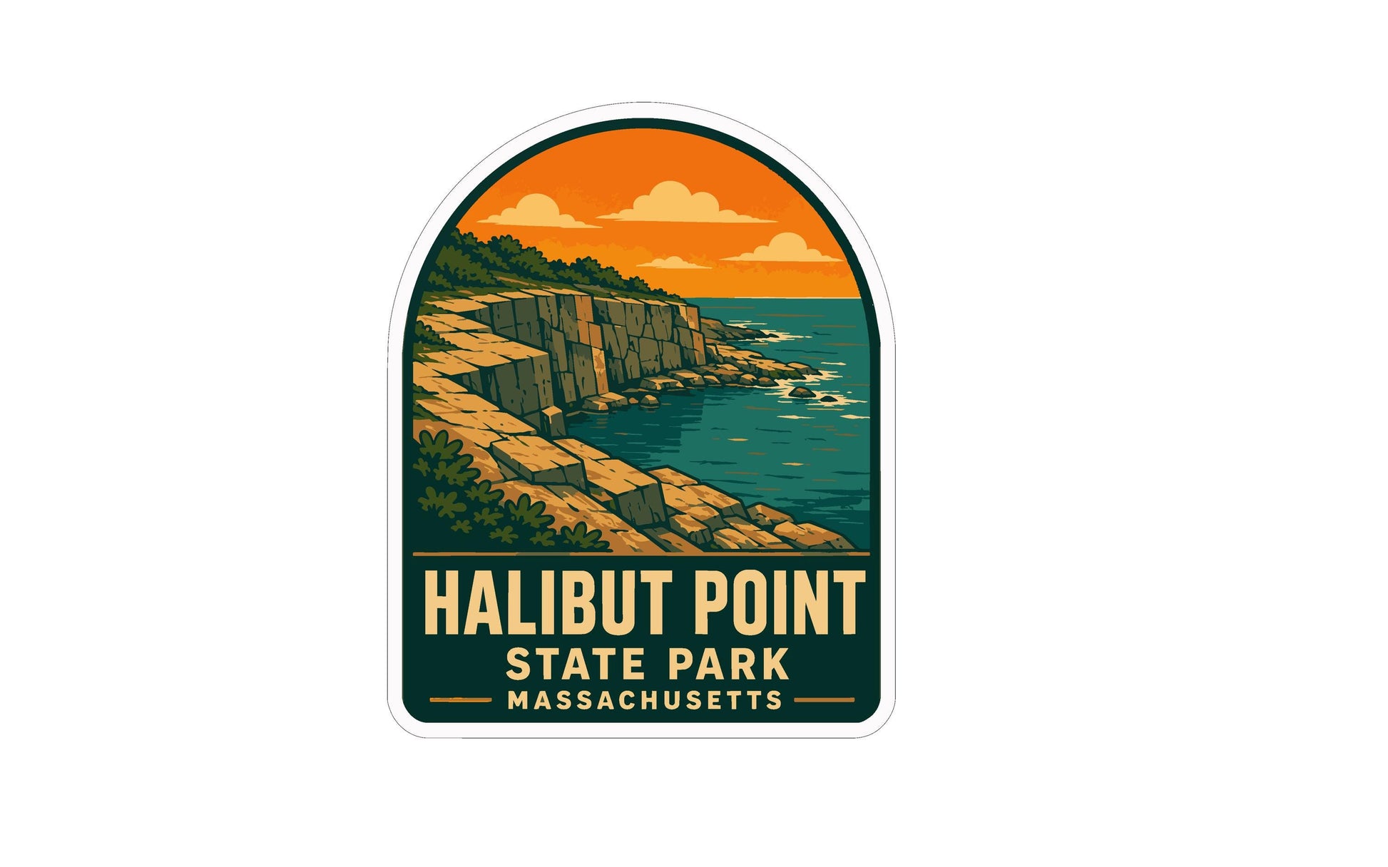 a sticker or label with an illustration of a coastal landscape, including cliffs, water, and an orange sky with clouds.
