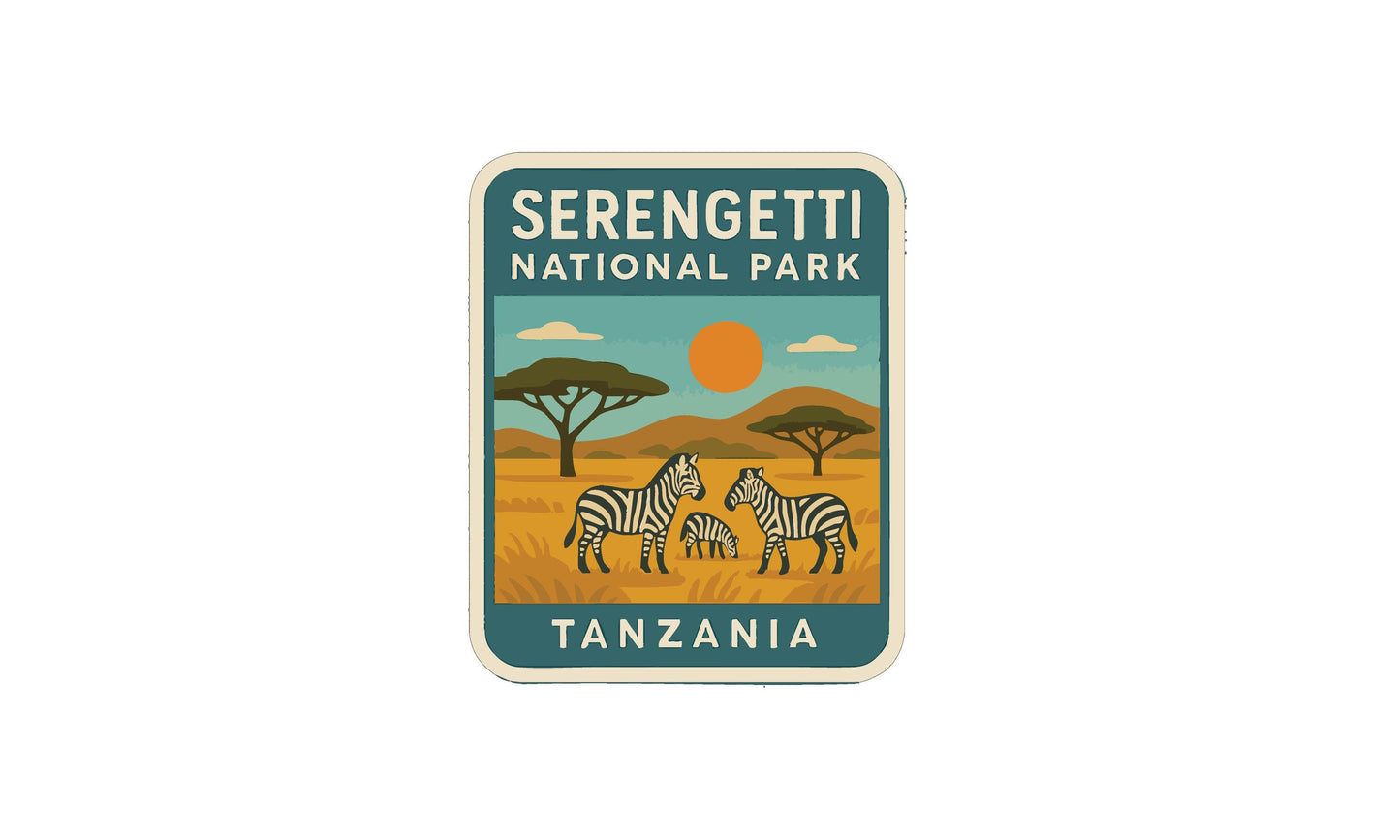 a sticker or emblem with a landscape and wildlife scene, depicting zebras in a grassy field with trees and a sun in the background.