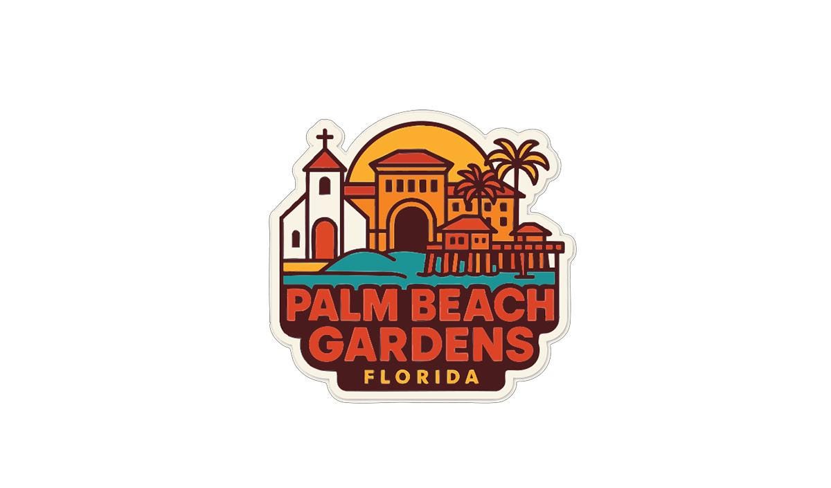 A sticker or logo depicting the Palm Beach Gardens in Florida, featuring a church, palm trees, and a sunset.