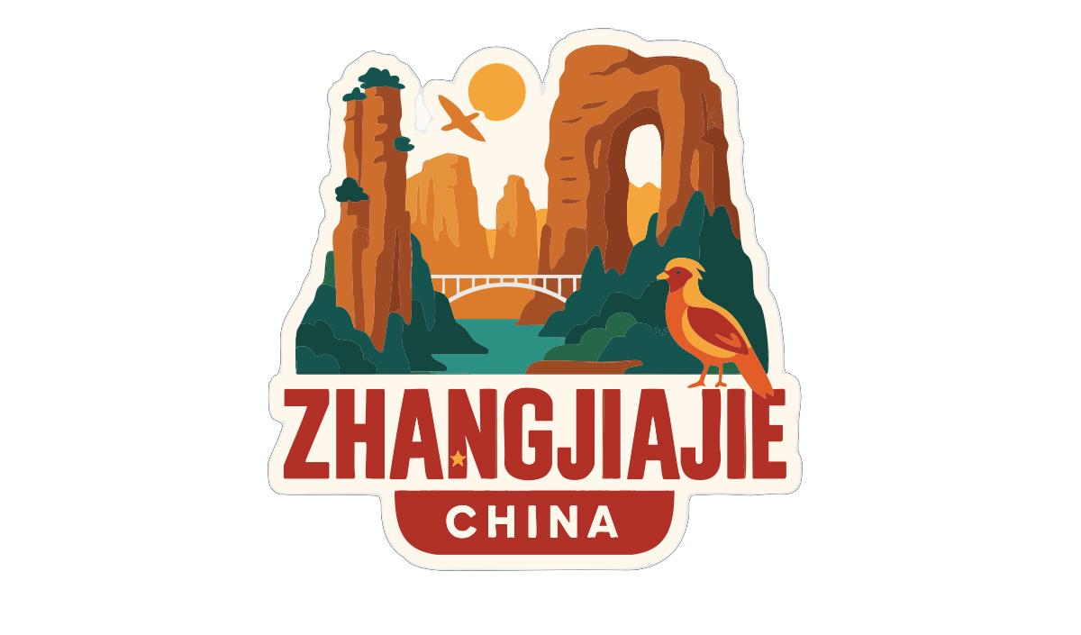 The image is a sticker or label featuring a scenic landscape with mountains, a bridge, and a bird, along with the text "Zhangjiajie CHINA".