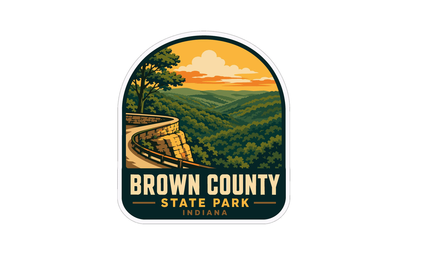 A sticker or emblem featuring a scenic landscape with a winding road, trees, and mountains in the background, along with the text "Brown County State Park, Indiana".