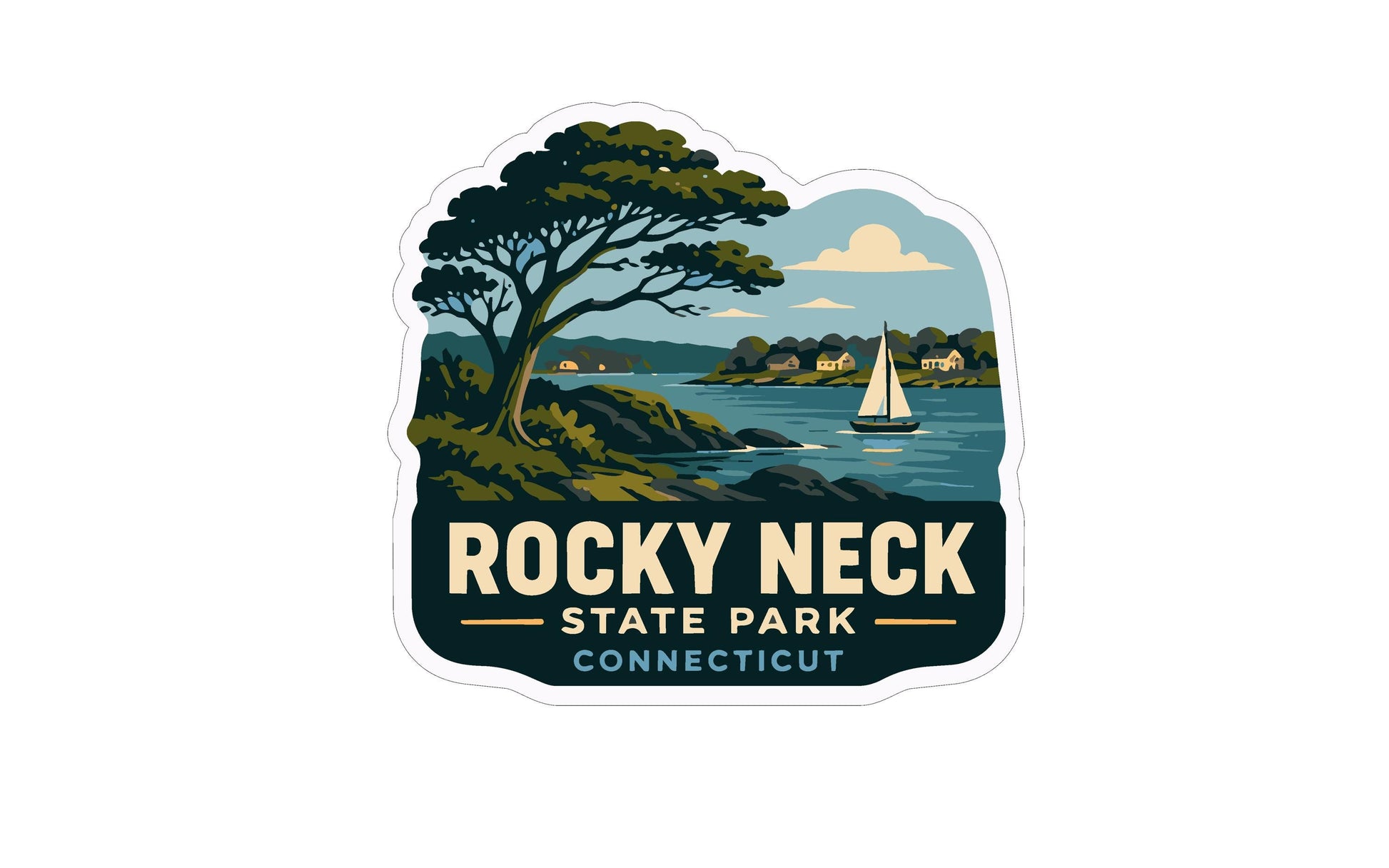 a sticker or logo for Rocky Neck State Park in Connecticut. It depicts a scenic landscape with a sailboat on the water, surrounded by trees and hills.