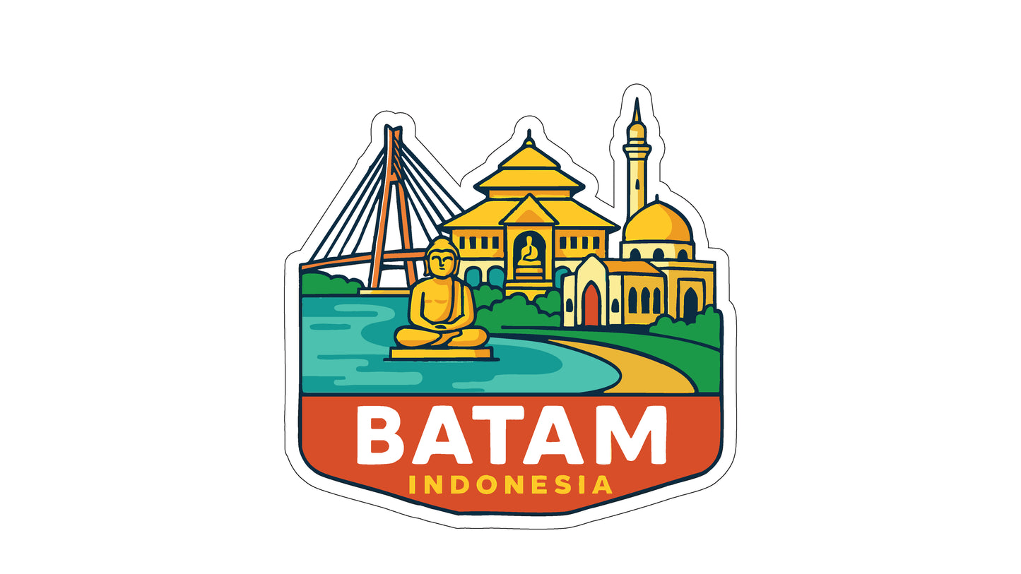 A sticker or emblem featuring the city of Batam, Indonesia, with a temple, bridge, and Buddha statue in the background.