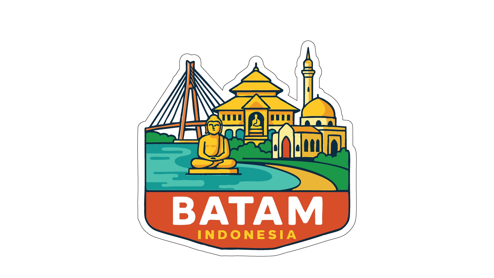 A sticker or emblem featuring the city of Batam, Indonesia, with a temple, bridge, and Buddha statue in the background.